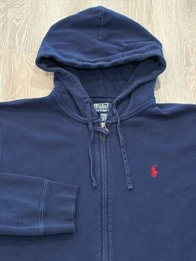 Vintage 90s Polo Ralph Lauren Hoodie Mens XL Navy USA Full Zip Fleece Sweater